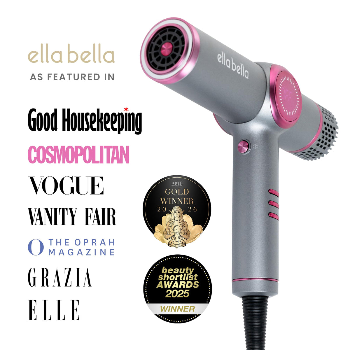 ELLA BELLA Ionic Hair Dryer with three magnetic nozzles displayed