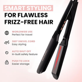 ELLA BELLA Titanium Flat Iron showing temperature control settings