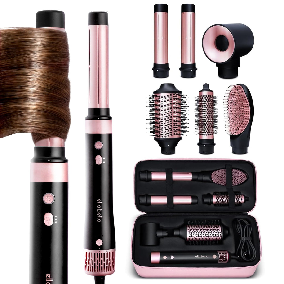 ELLABELLA 6 in 1 Hot Air Styler front view with attachments