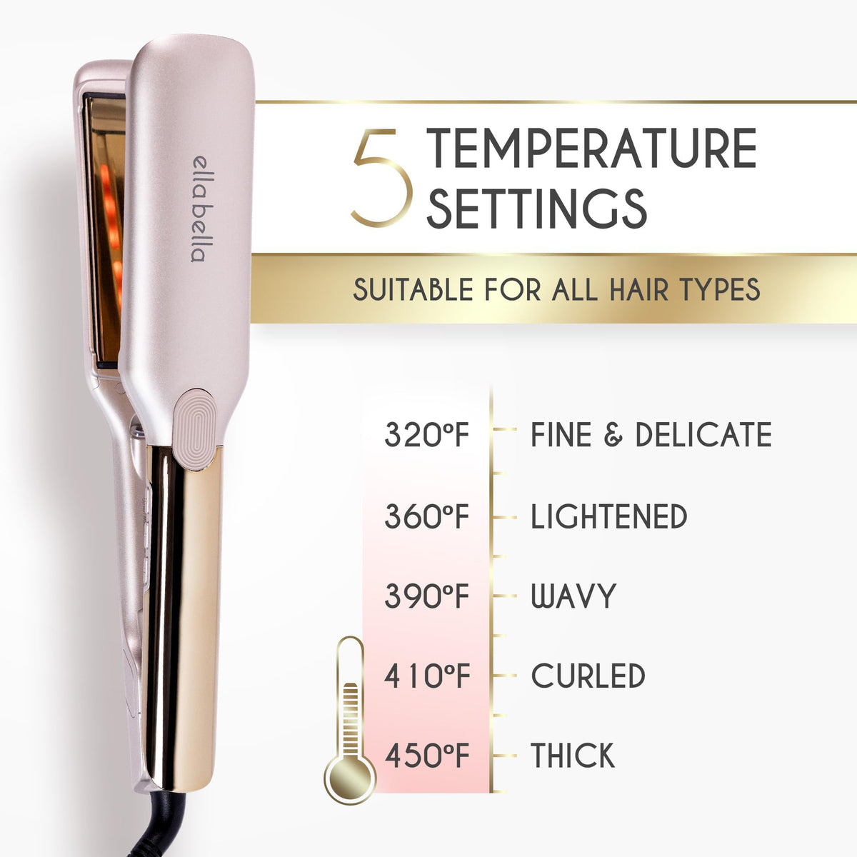 ELLABELLA Flat Iron on a vanity with hair accessories