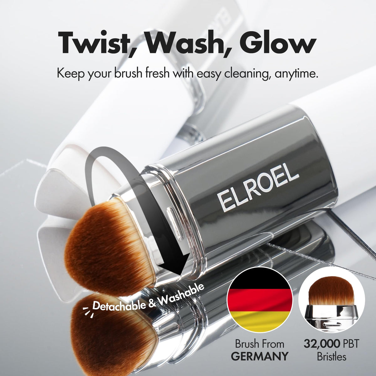 ELROEL Blanc Cover Stick V with brush and foundation side by side