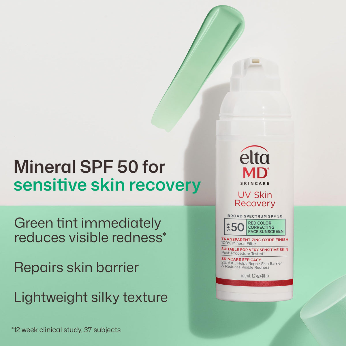 EltaMD UV Skin Recovery Green Tinted Sunscreen SPF 50 side view with pump