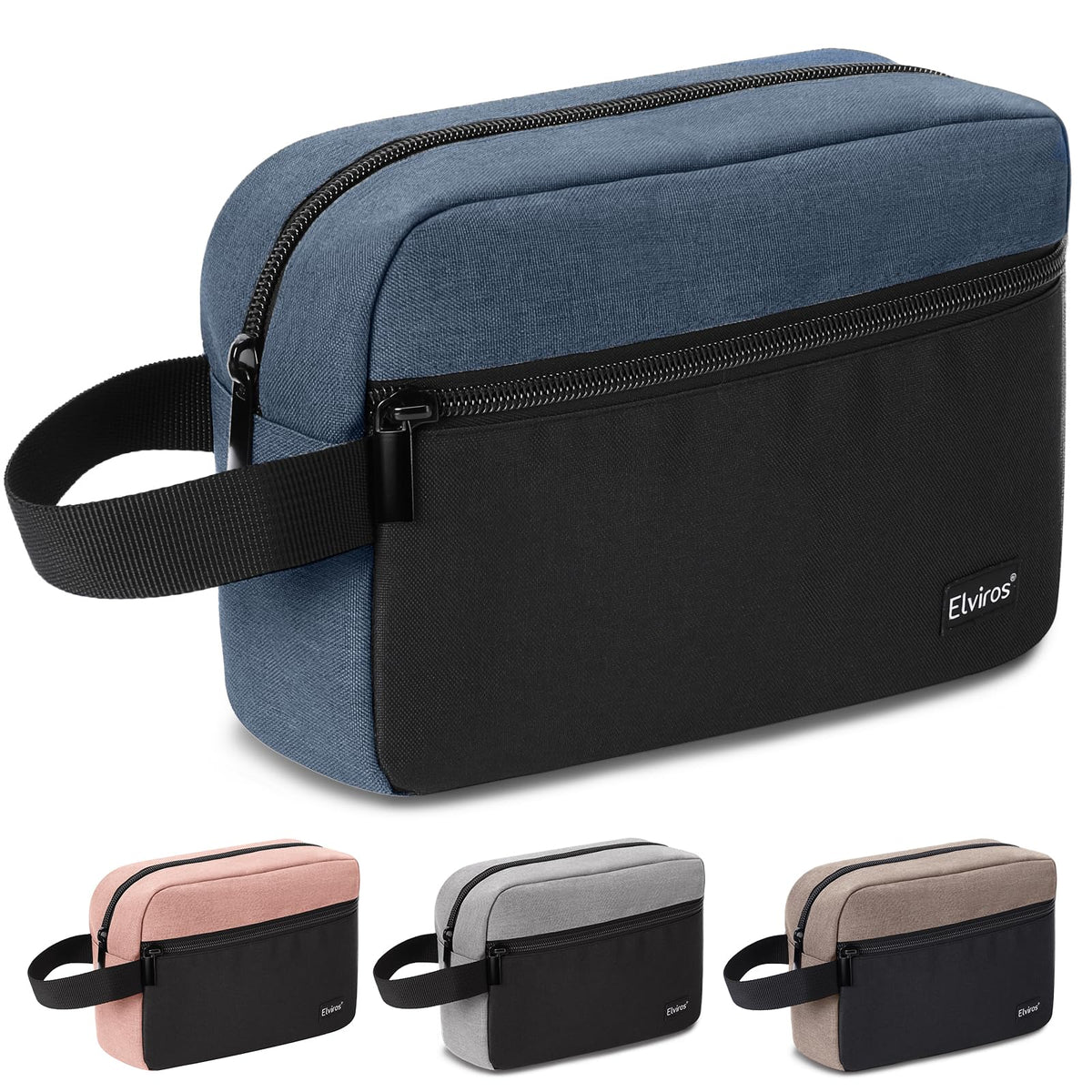 Elviros Hanging Toiletry Bag front view in blue and black