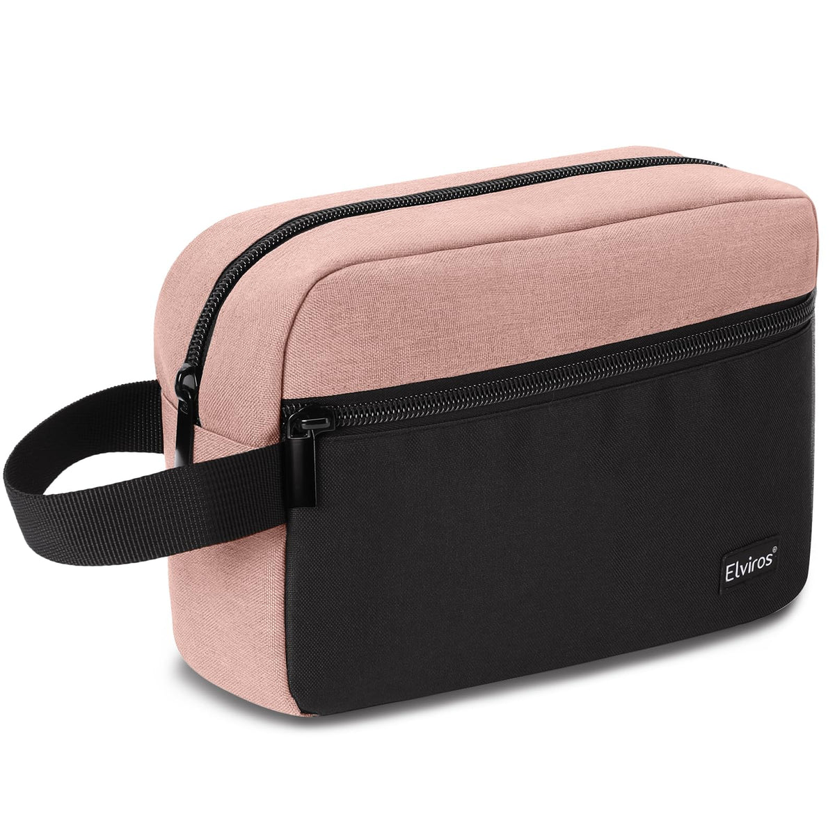 Elviros Hanging Toiletry Bag front view in pink and black