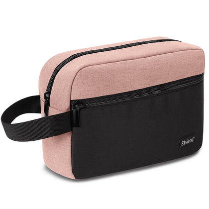 Elviros Hanging Toiletry Bag front view in pink and black