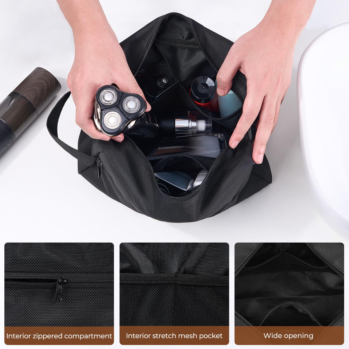 Elviros Hanging Toiletry Bag packed in a suitcase