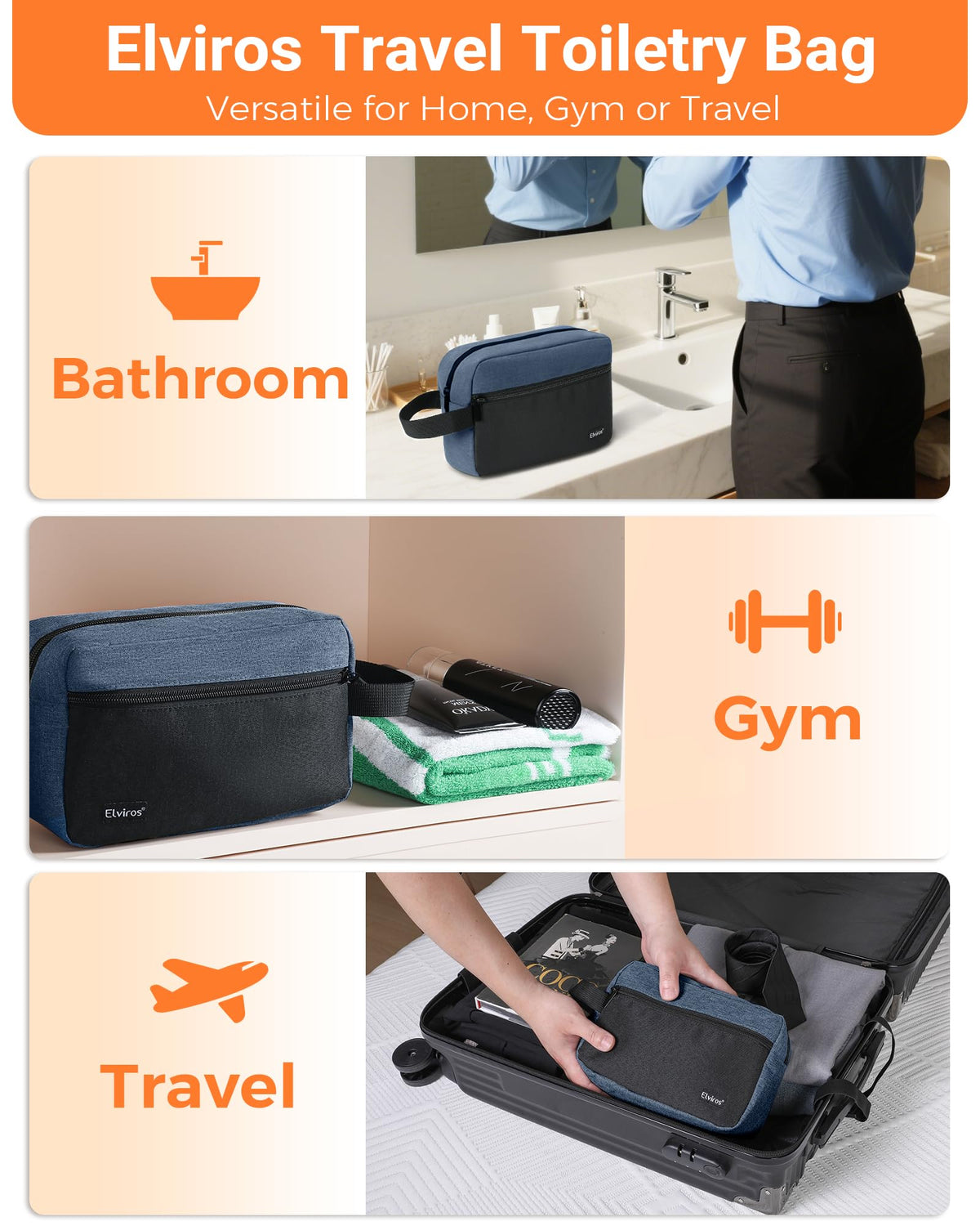Elviros Hanging Toiletry Bag shown on a bathroom counter