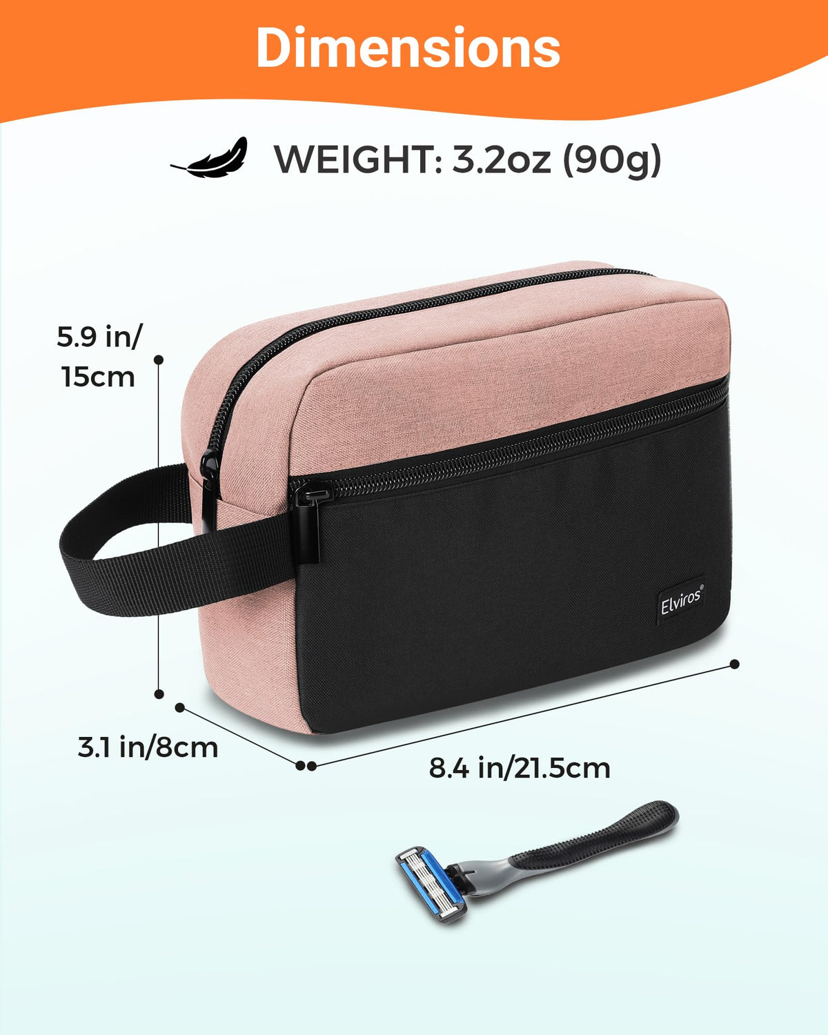 Elviros Hanging Toiletry Bag side view showing dimensions