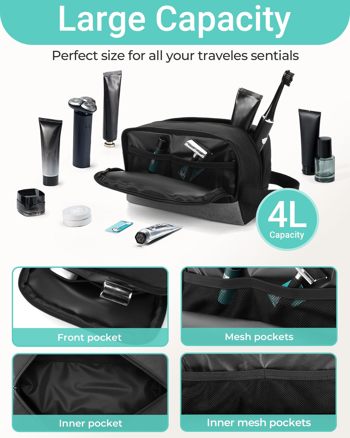 Elviros Hanging Toiletry Bag with toiletries inside