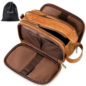 Elviros Toiletry Bag for Men front view, brown PU leather