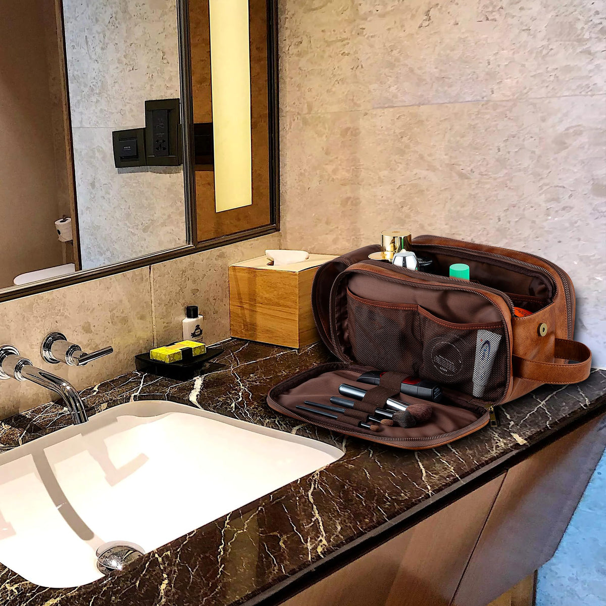Elviros Toiletry Bag in lifestyle setting on bathroom counter