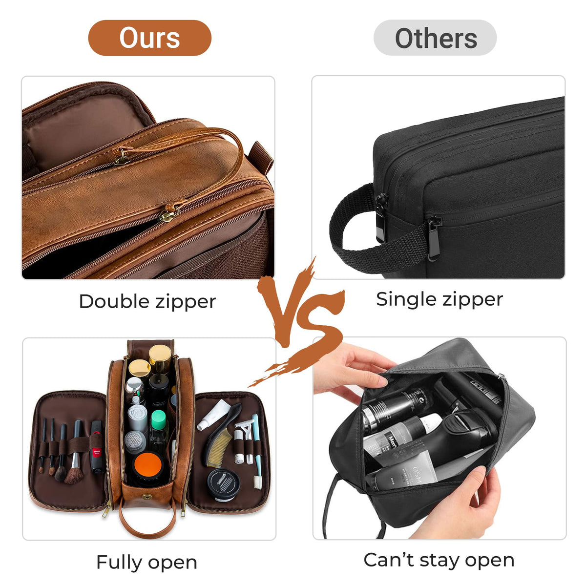 Elviros Toiletry Bag with wet separation compartments in use