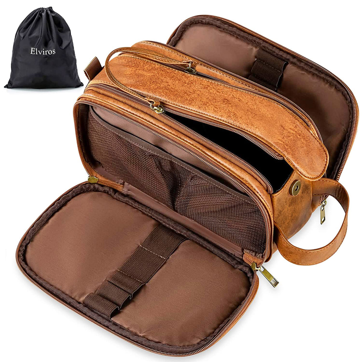 Elviros Travel Toiletry Bag front view in brown