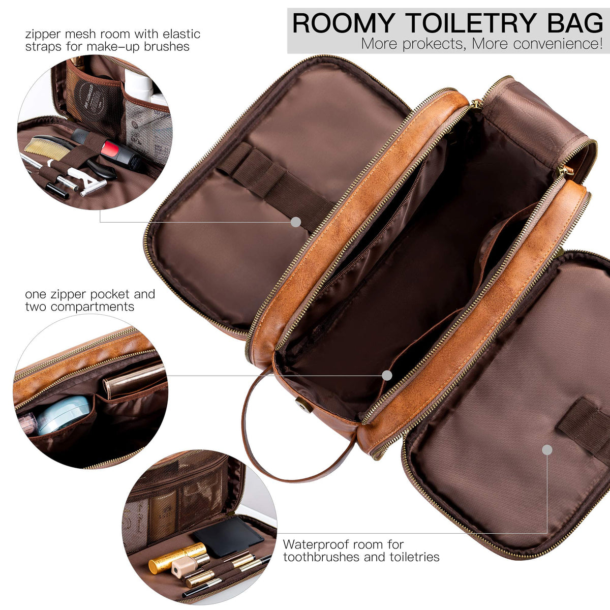 Elviros Travel Toiletry Bag showing multiple pockets