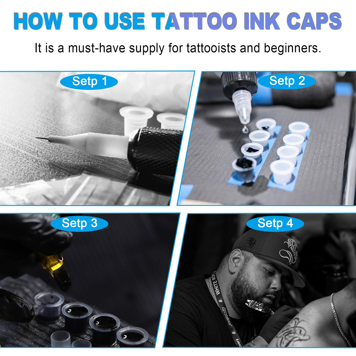 Emalla tattoo ink caps being used in a tattoo session