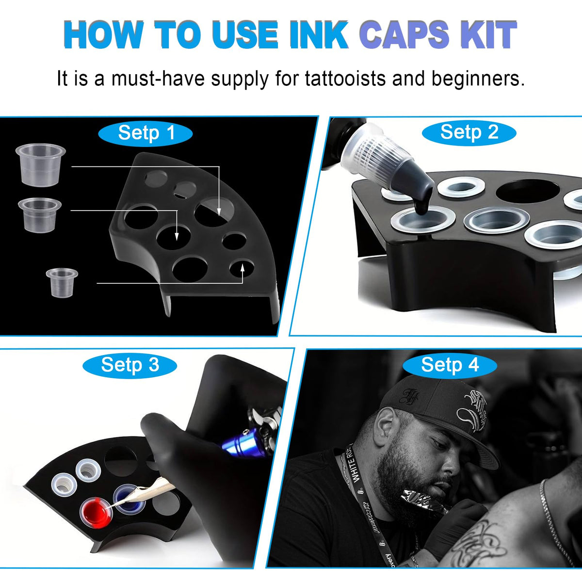 Emalla tattoo ink caps in use during a tattoo session