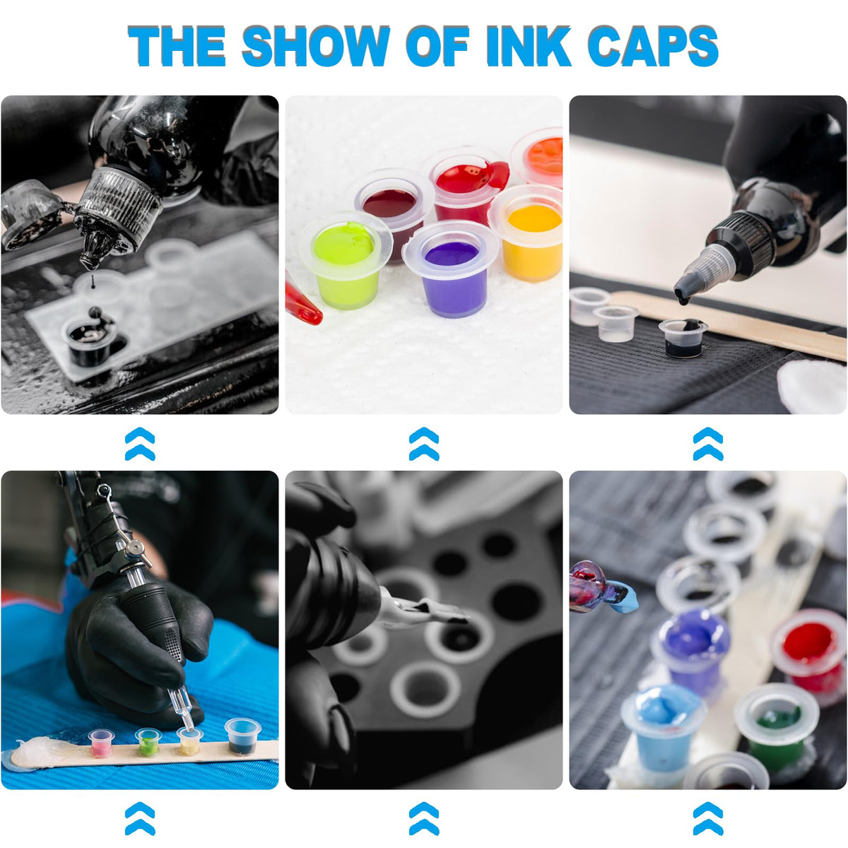 Emalla tattoo ink caps with a tattoo artist's tools
