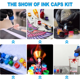 Emalla tattoo ink cups displayed with various art supplies