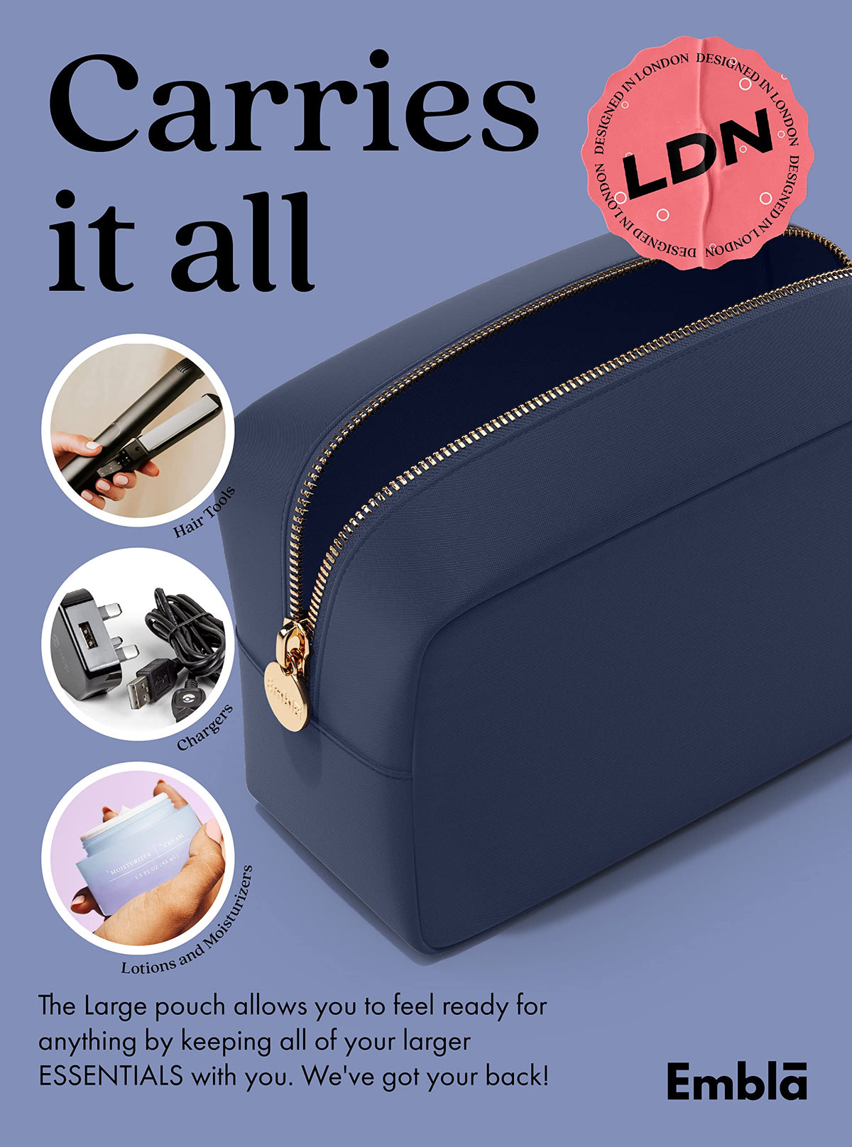 Embla Large Makeup Bag compact size for easy storage