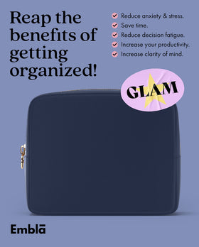 Embla Large Makeup Bag displayed with accessories