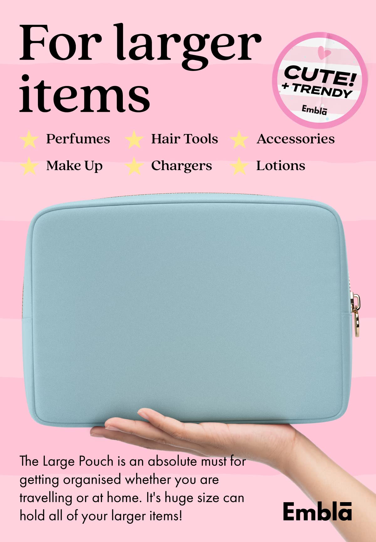 Embla Large Makeup Bag displayed with makeup products