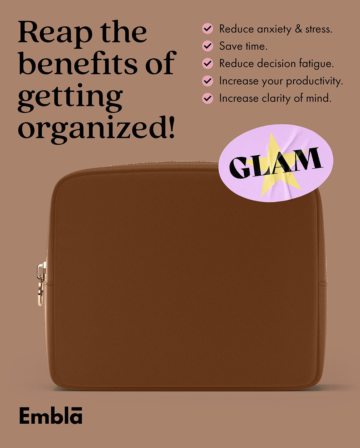 Embla Large Makeup Bag displayed with travel accessories