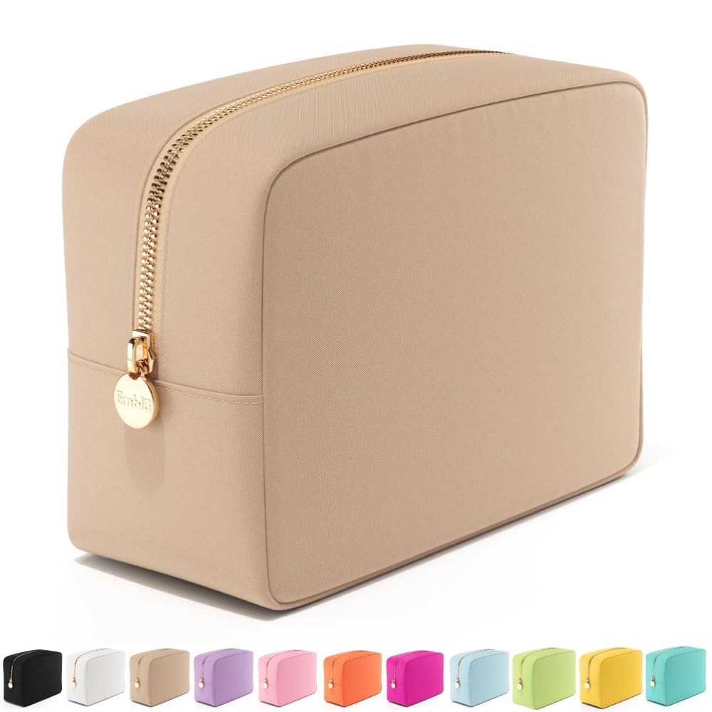 Embla Large Makeup Bag front view in beige