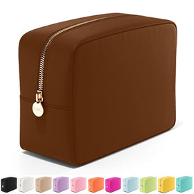 Embla Large Makeup Bag front view in dark brown nylon