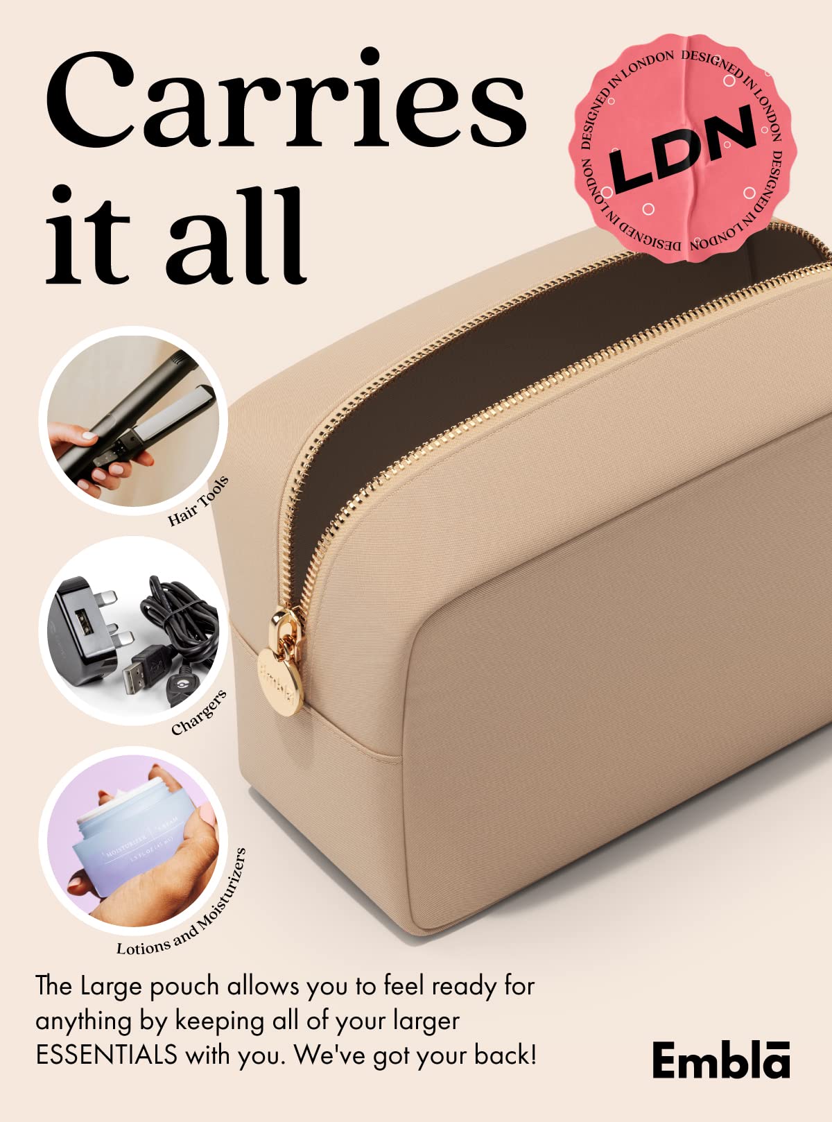 Embla Large Makeup Bag in use as a clutch handbag