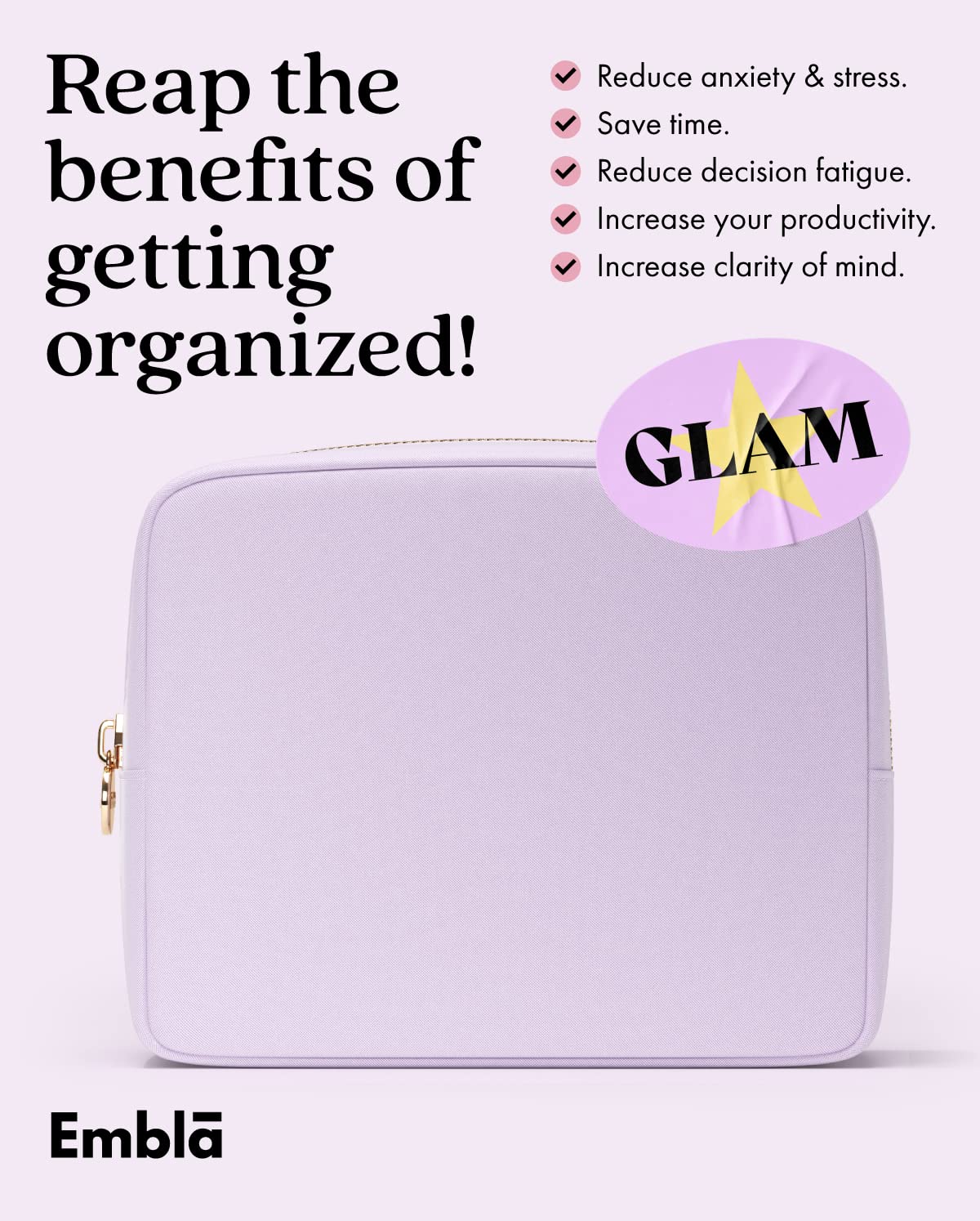 Embla Large Makeup Bag Lavender with cosmetics inside