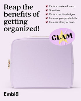 Embla Large Makeup Bag Lavender with cosmetics inside