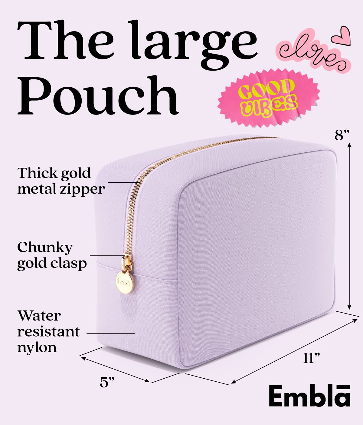 Embla Large Makeup Bag Lavender with open zipper