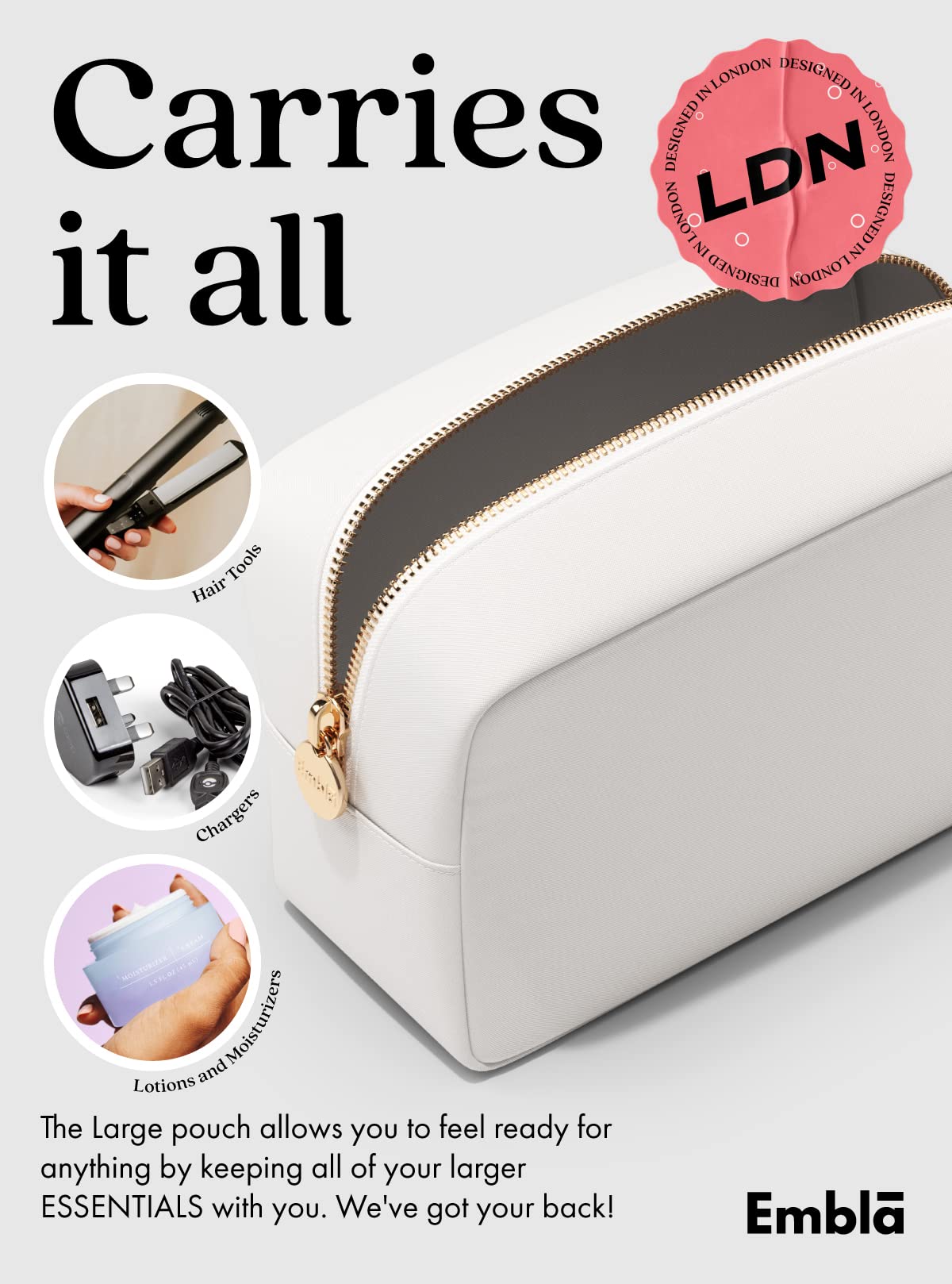 Embla Large Makeup Bag lifestyle shot on a vanity