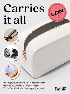 Embla Large Makeup Bag lifestyle shot on a vanity