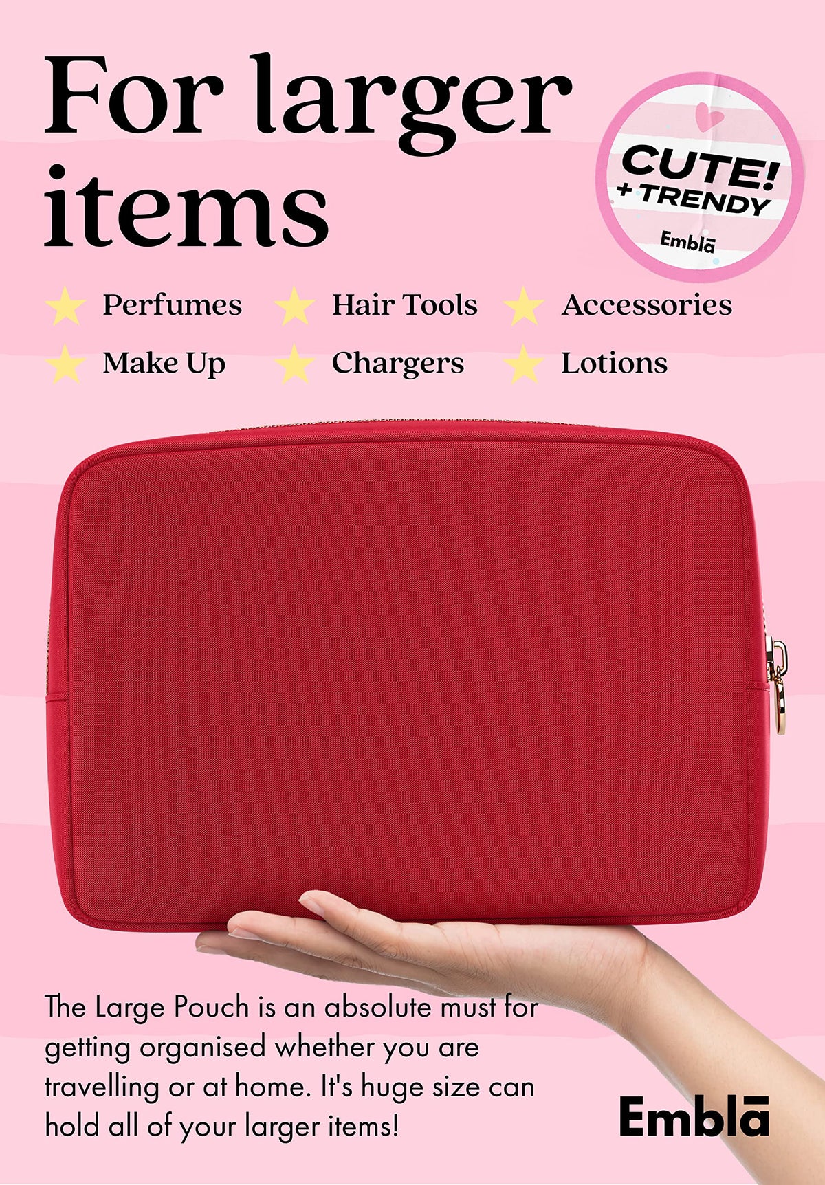 Embla Large Makeup Bag open showing interior storage
