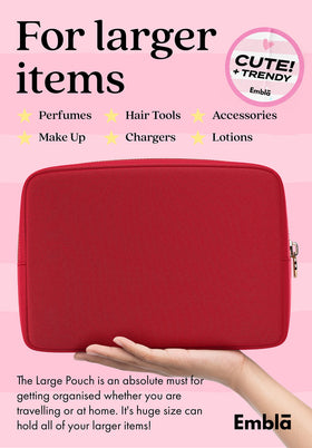 Embla Large Makeup Bag open showing interior storage