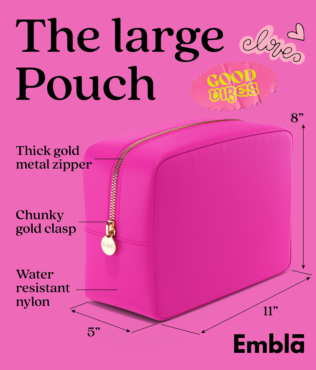 Embla Large Makeup Bag open showing spacious interior