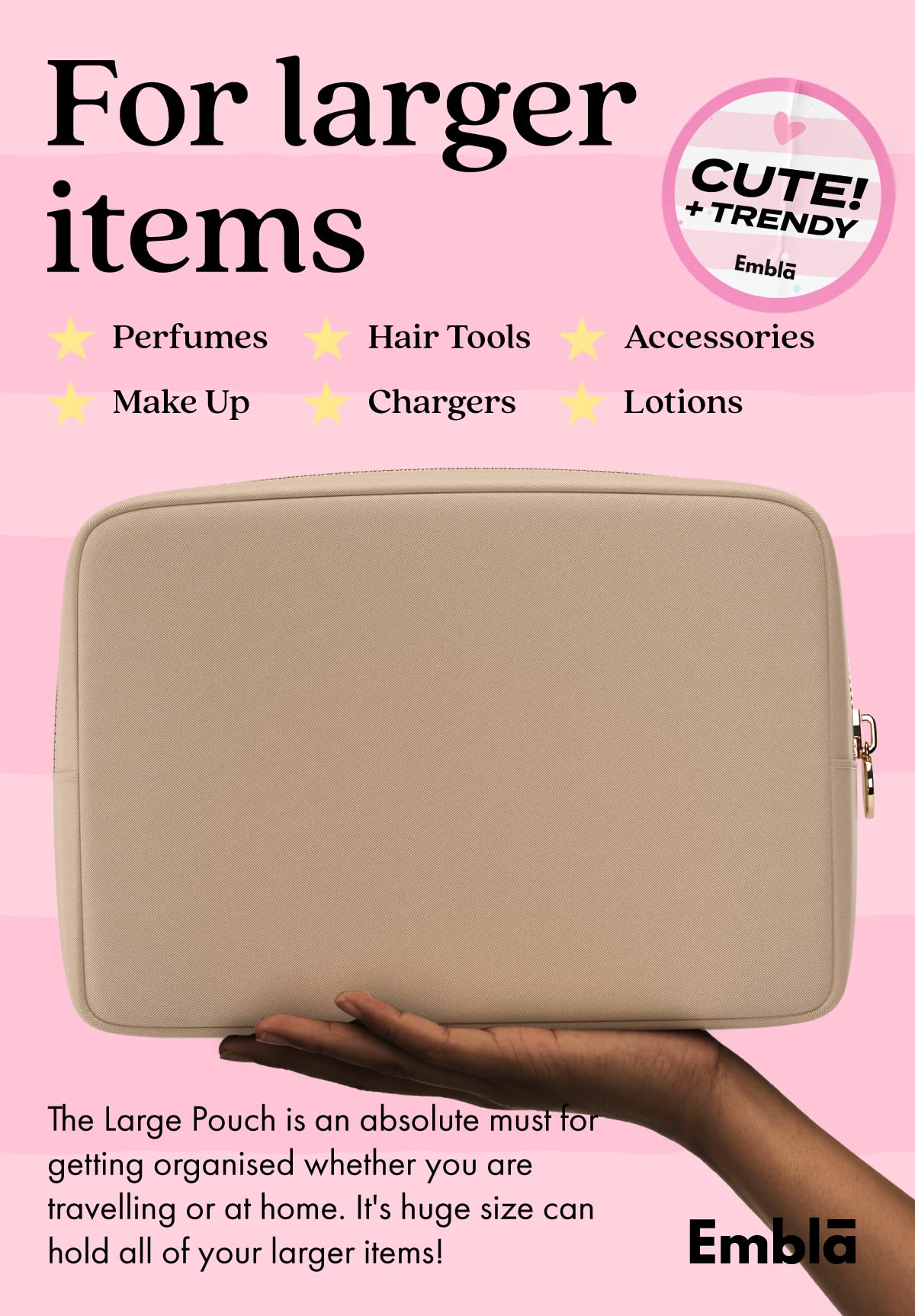Embla Large Makeup Bag open showing storage space