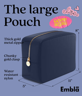 Embla Large Makeup Bag open with cosmetics inside