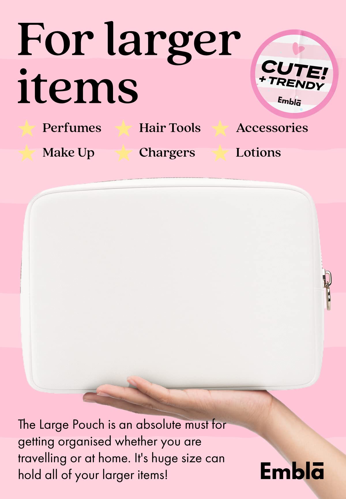 Embla Large Makeup Bag open with cosmetics inside