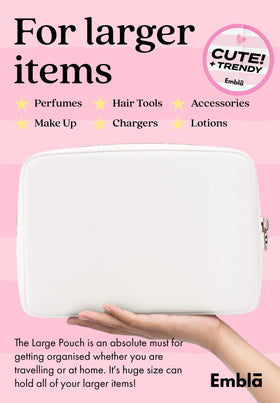 Embla Large Makeup Bag open with cosmetics inside