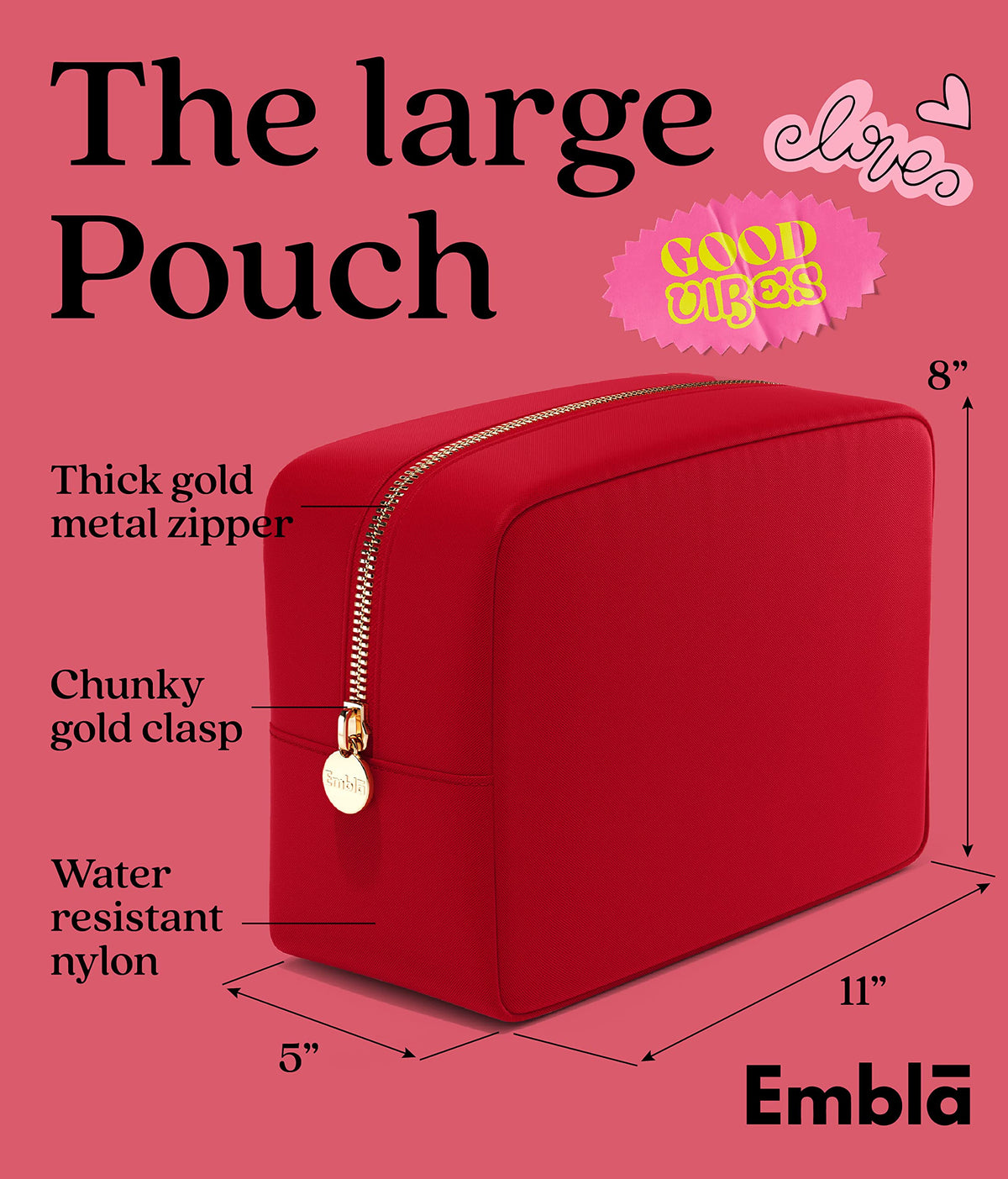 Embla Large Makeup Bag side view showing zipper