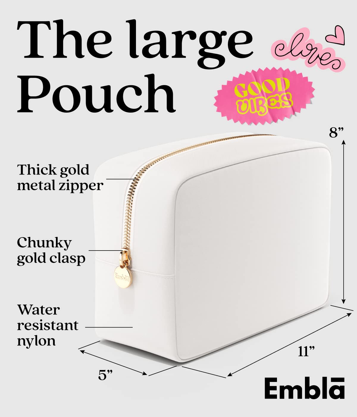 Embla Large Makeup Bag side view showing zipper