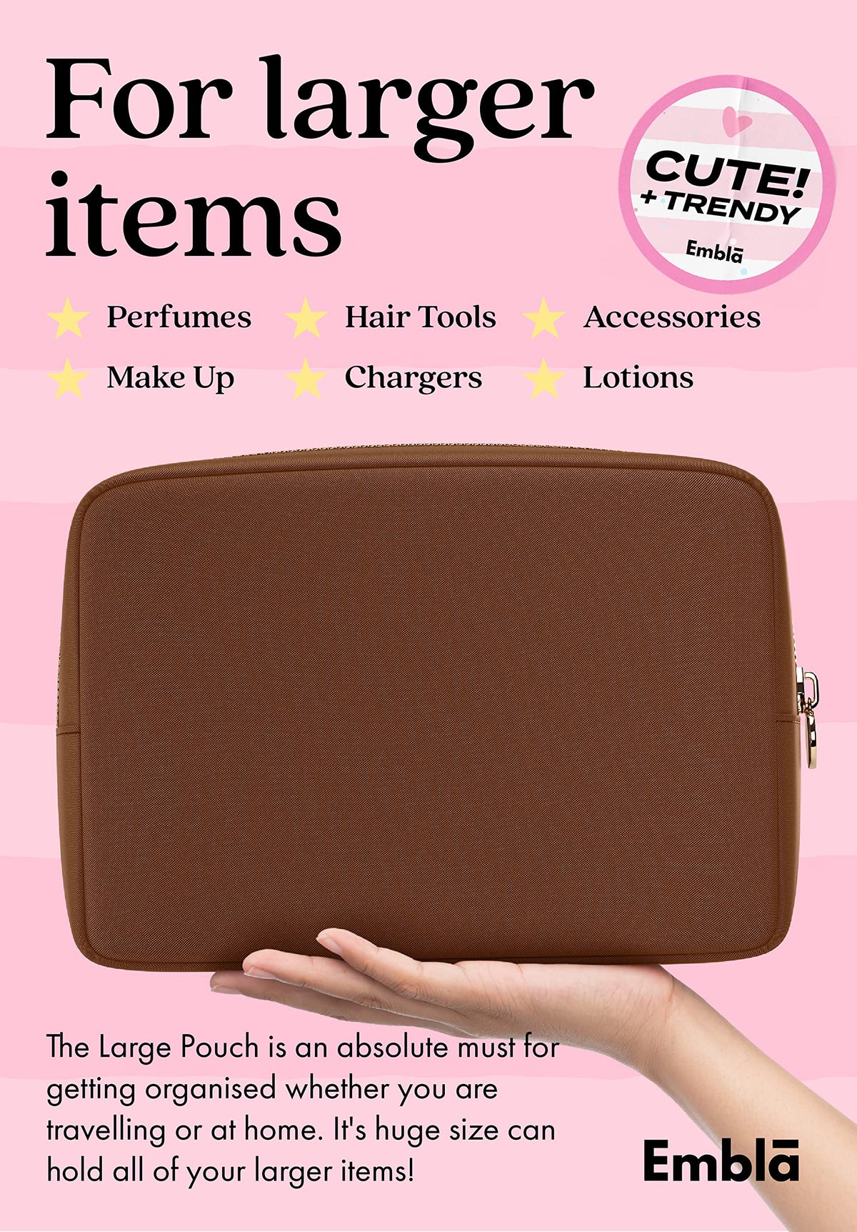 Embla Large Makeup Bag side view showing zipper
