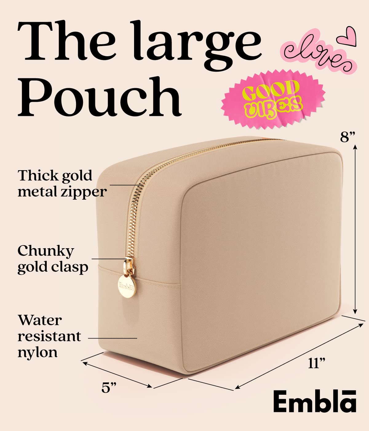 Embla Large Makeup Bag side view with zipper