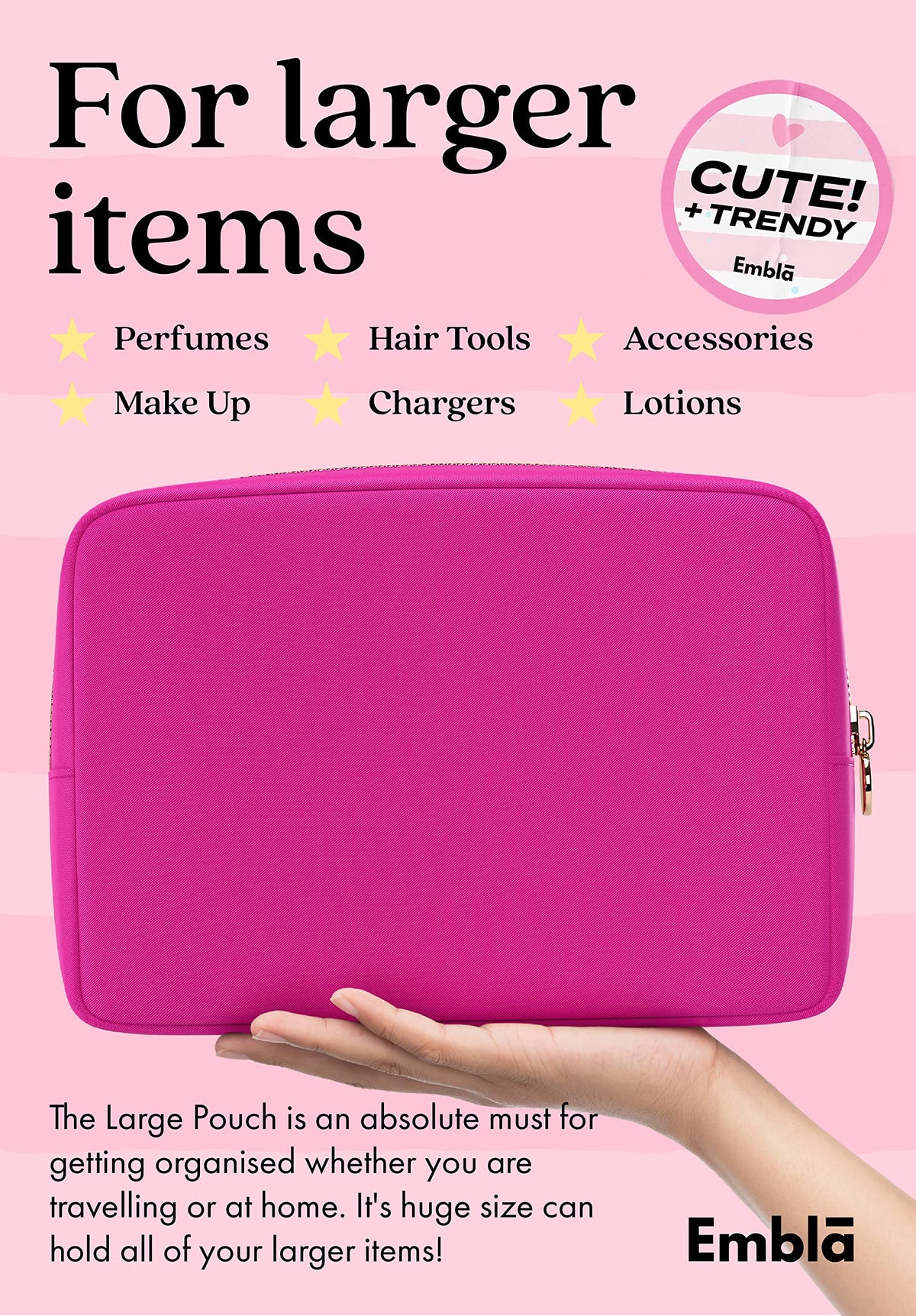 Embla Large Makeup Bag side view with zipper