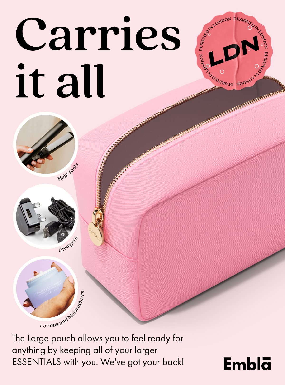 Embla Large Makeup Bag used as a clutch handbag