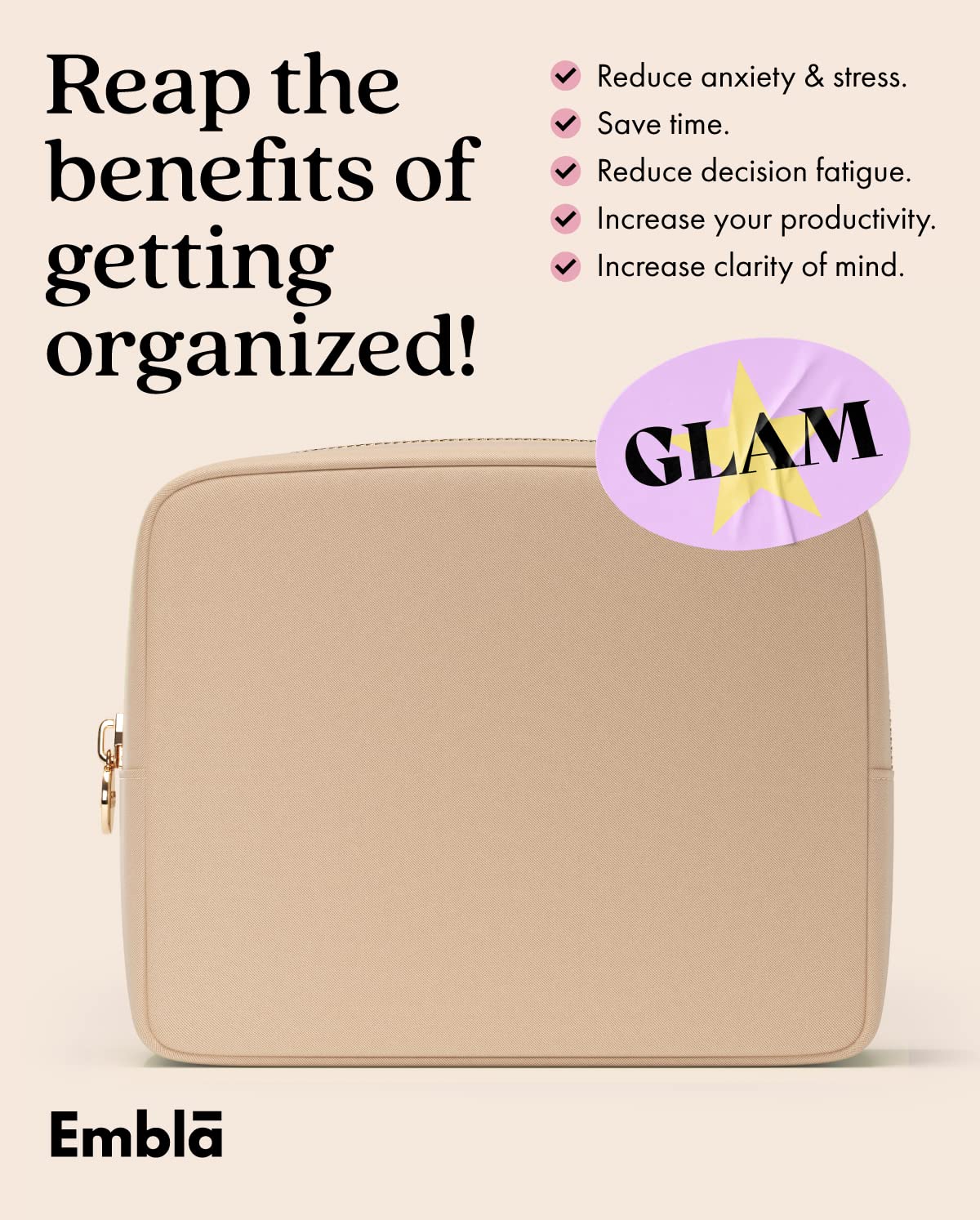 Embla Large Makeup Bag with cosmetics inside