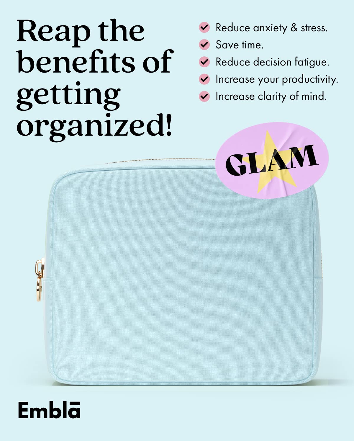 Embla Large Makeup Bag with feminine hygiene products inside