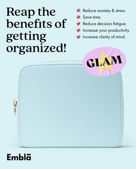 Embla Large Makeup Bag with feminine hygiene products inside